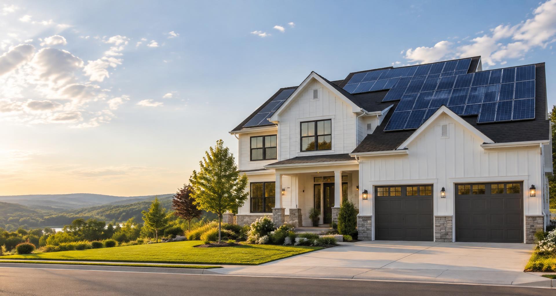 Sunlit home with rooftop solar panels